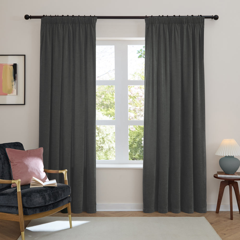 Soft Chenille Blackout Pencil Pleat Curtains Charcoal