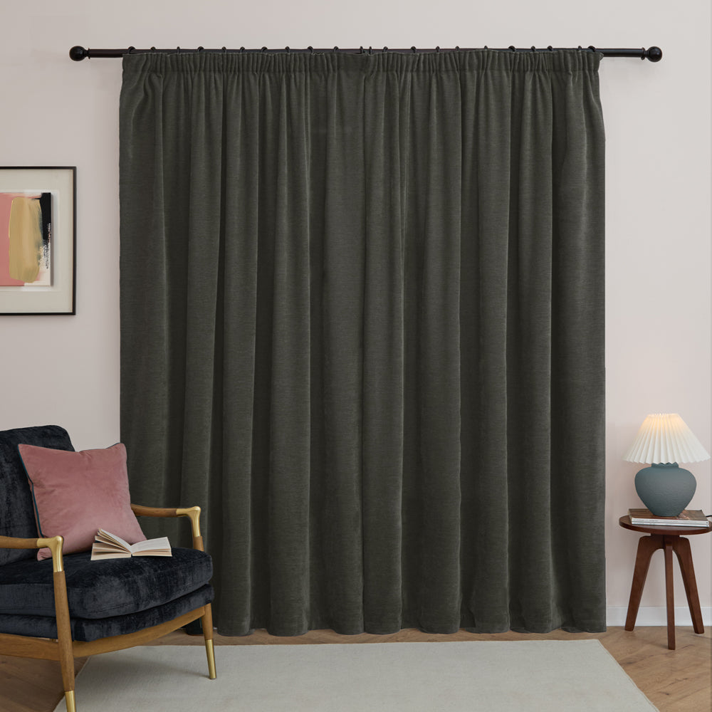 Soft Chenille Blackout Pencil Pleat Curtains Charcoal