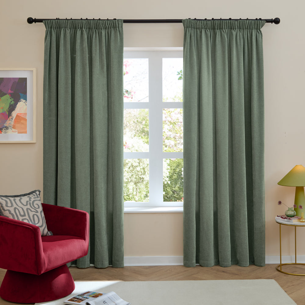 Soft Chenille Blackout Pencil Pleat Curtains Green