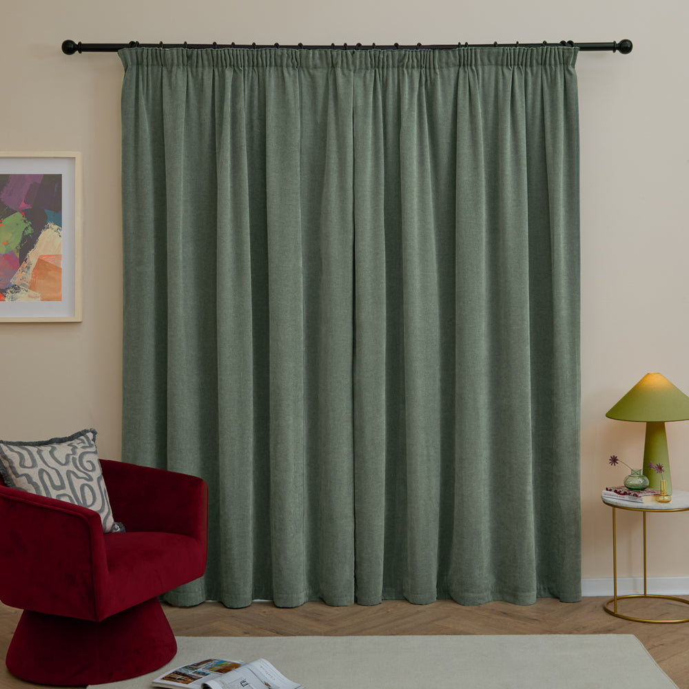Soft Chenille Blackout Pencil Pleat Curtains Green