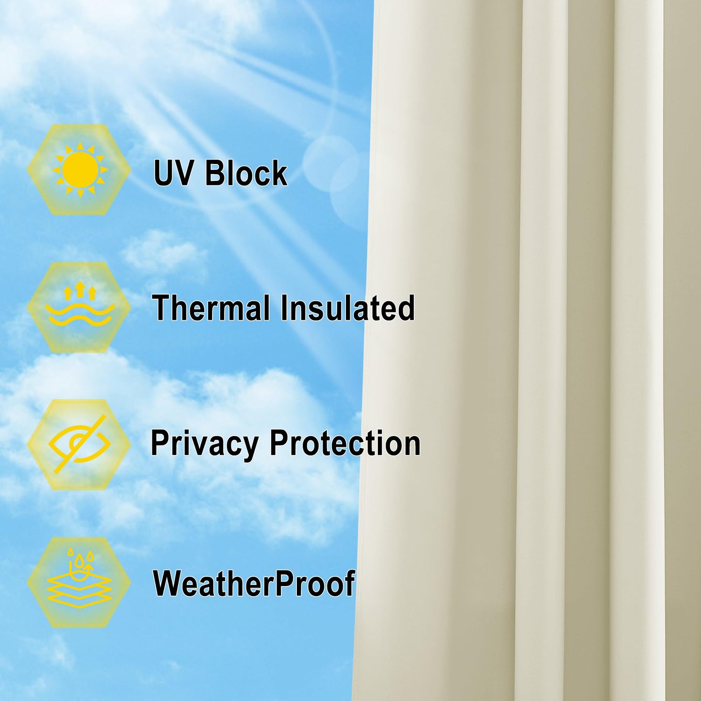 Windproof No Rods Needed Velcro Top Waterproof Outdoor Curtains 2 Panels | Outdoor Standard
